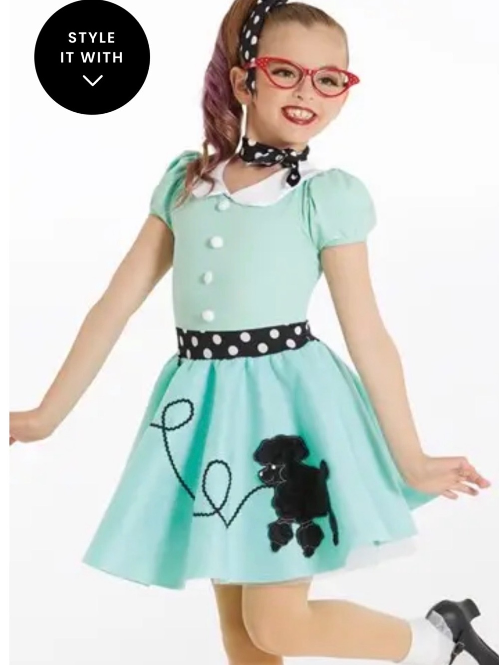 Girls' Aqua Poodle Skirt Costume Dress with Black Polka Belt